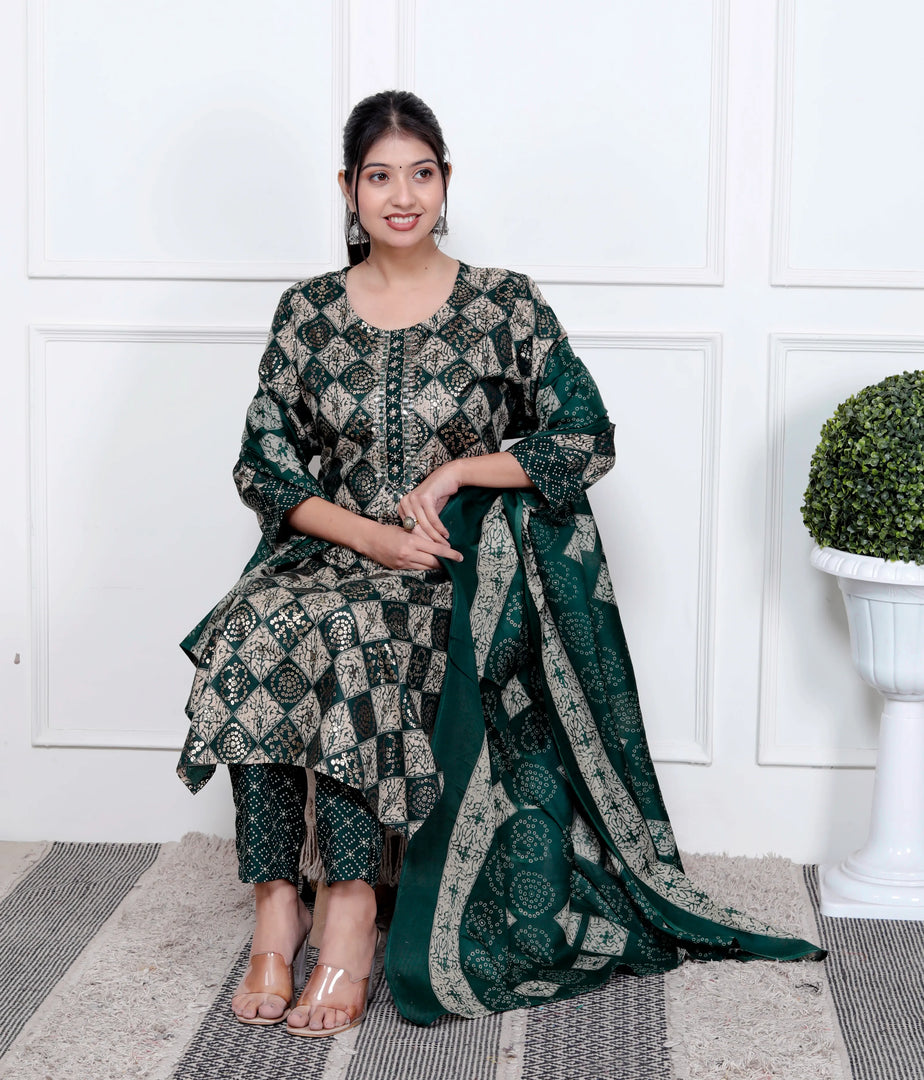Ethnic Bandhni Print Cotton Suit Set With Dupatta