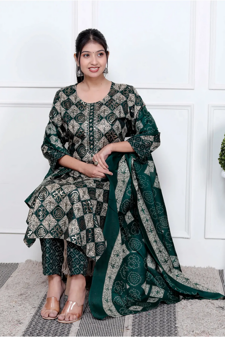 Ethnic Bandhni Print Cotton Suit Set With Dupatta
