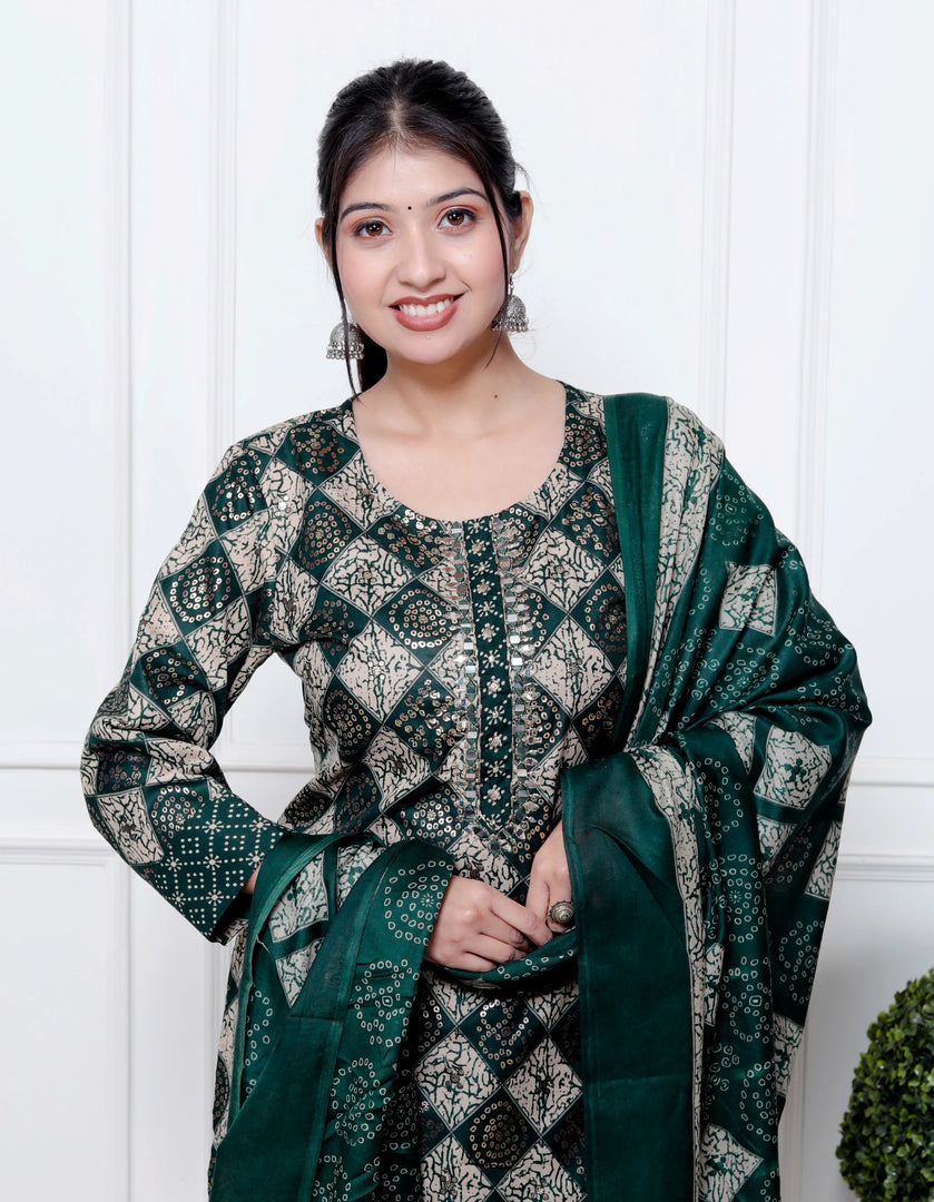 Ethnic Bandhni Print Cotton Suit Set With Dupatta