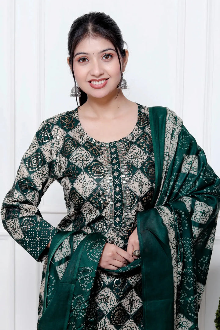 Ethnic Bandhni Print Cotton Suit Set With Dupatta
