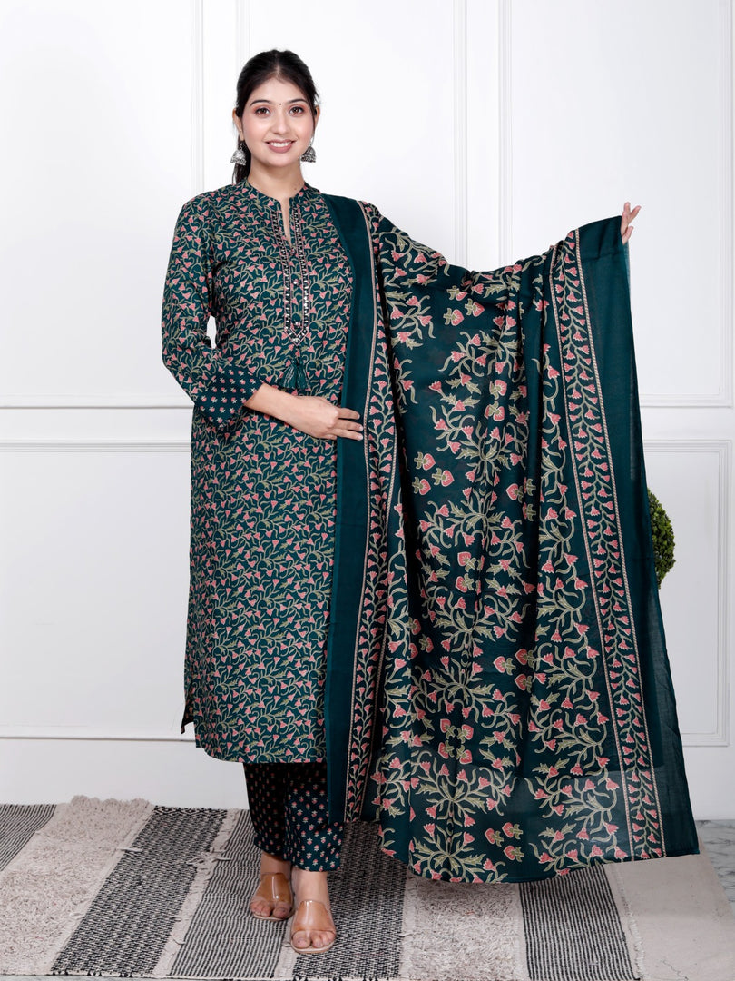 Ethnic Stitched Floral Printed Cotton Blend Suit Set with Dupatta