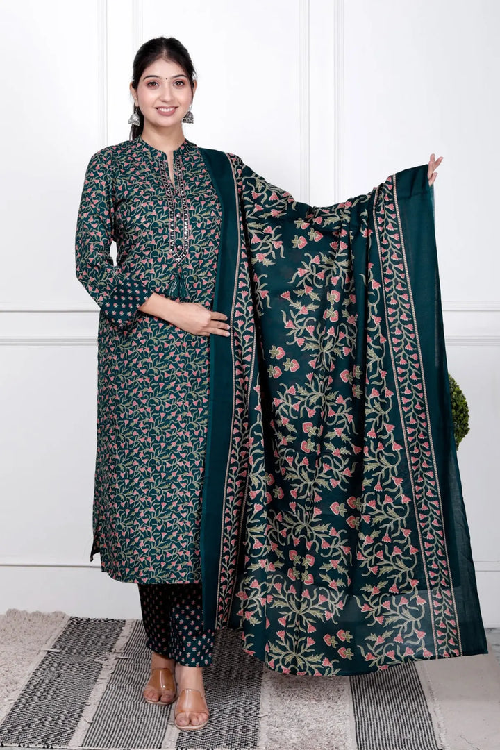 Ethnic Stitched Floral Printed Cotton Blend Suit Set with Dupatta