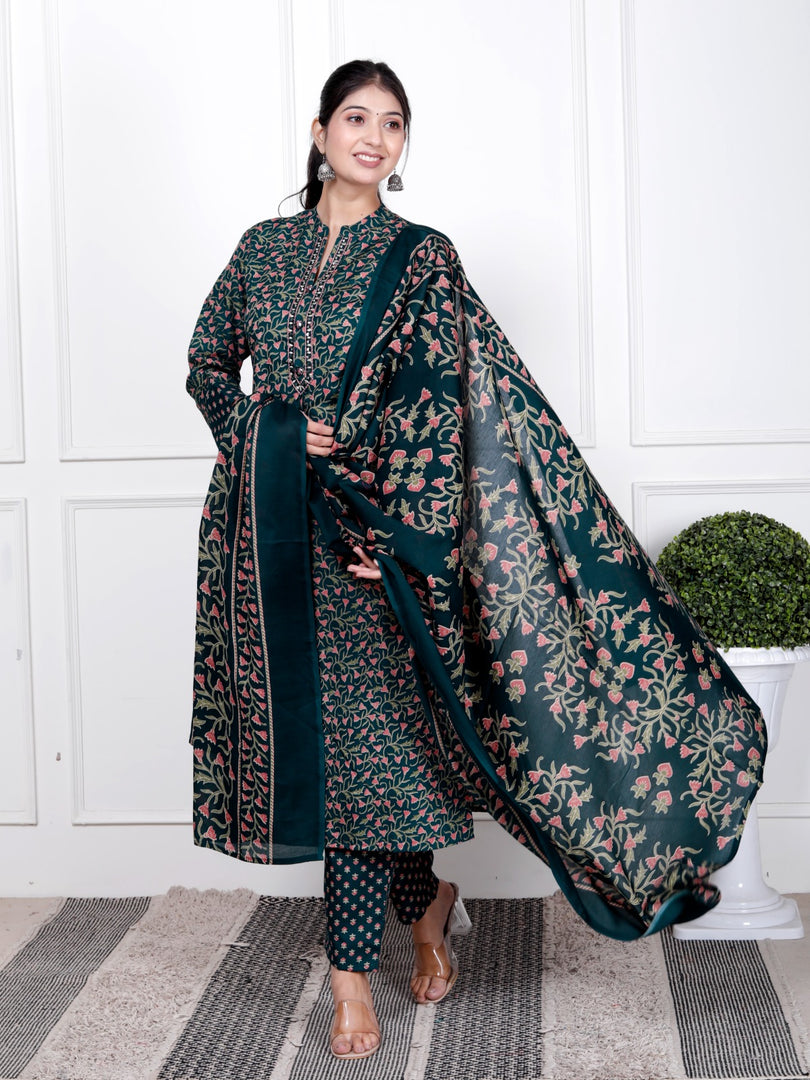 Ethnic Stitched Floral Printed Cotton Blend Suit Set with Dupatta