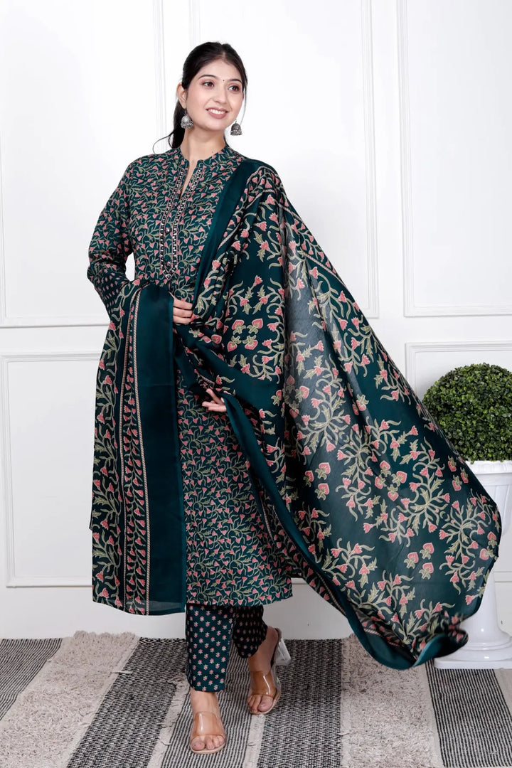 Ethnic Stitched Floral Printed Cotton Blend Suit Set with Dupatta