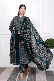 Ethnic Stitched Floral Printed Cotton Blend Suit Set with Dupatta