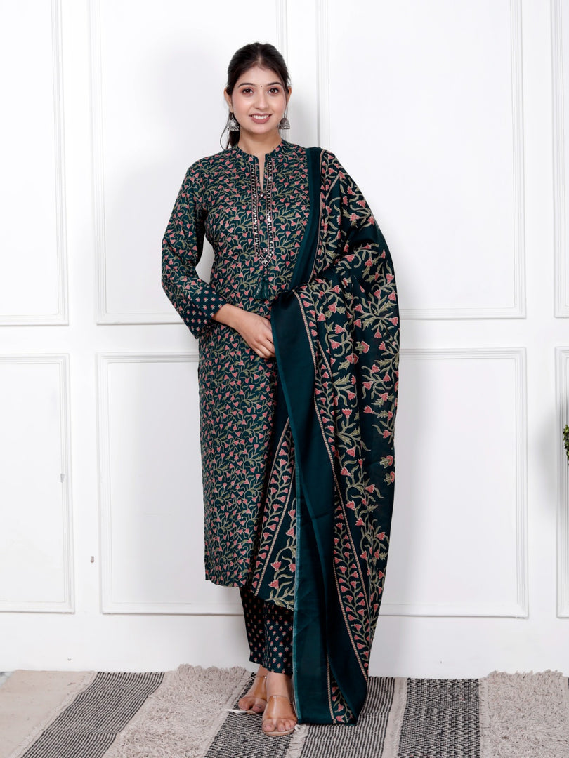 Ethnic Stitched Floral Printed Cotton Blend Suit Set with Dupatta