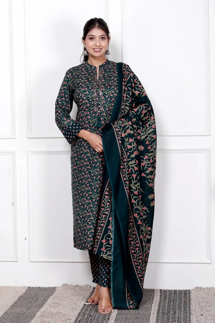 Ethnic Stitched Floral Printed Cotton Blend Suit Set with Dupatta