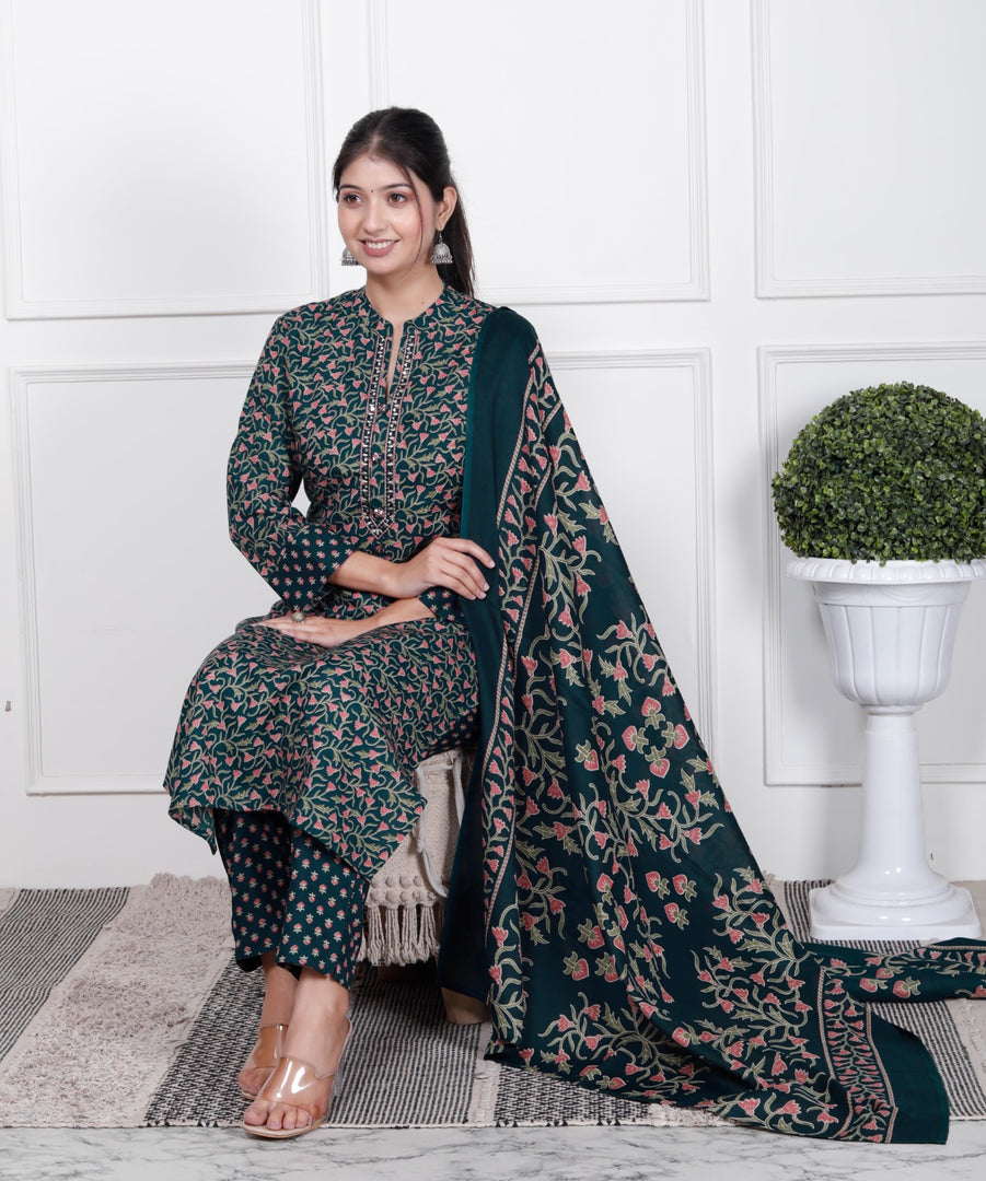 Ethnic Stitched Floral Printed Cotton Blend Suit Set with Dupatta