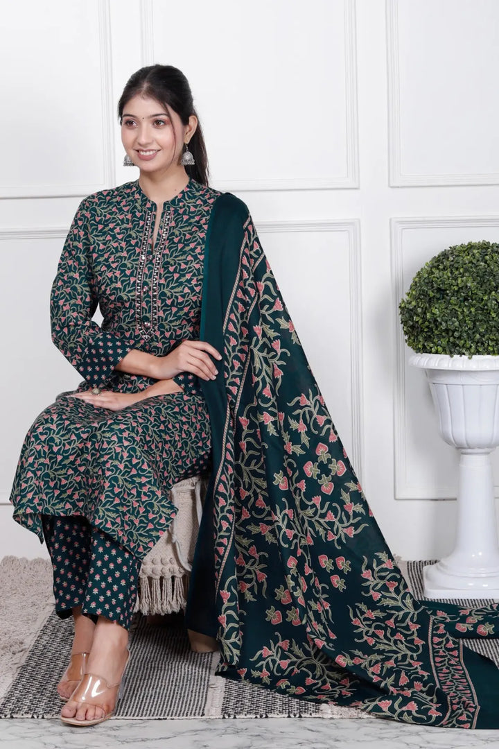 Ethnic Stitched Floral Printed Cotton Blend Suit Set with Dupatta