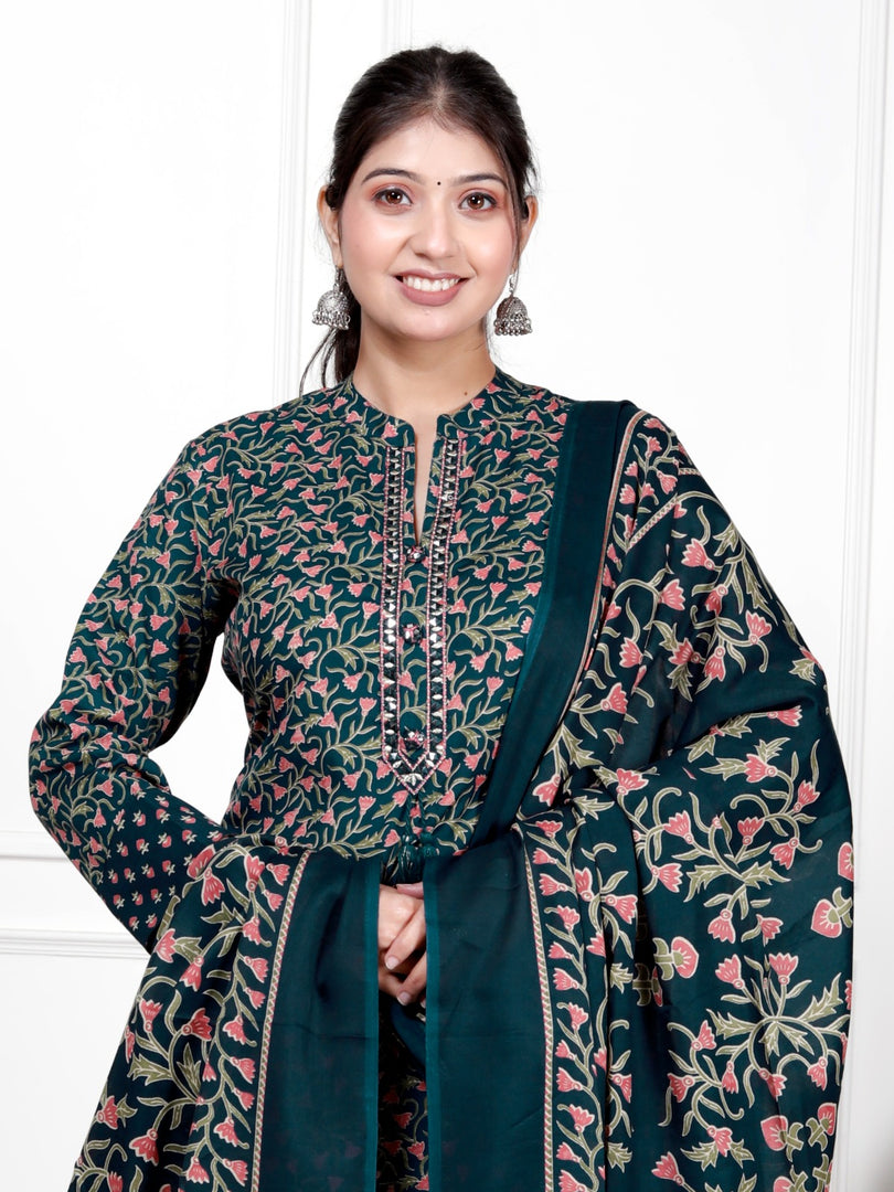 Ethnic Stitched Floral Printed Cotton Blend Suit Set with Dupatta