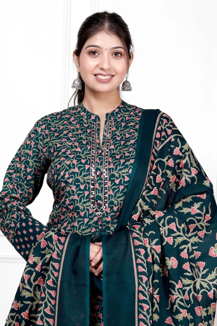 Ethnic Stitched Floral Printed Cotton Blend Suit Set with Dupatta