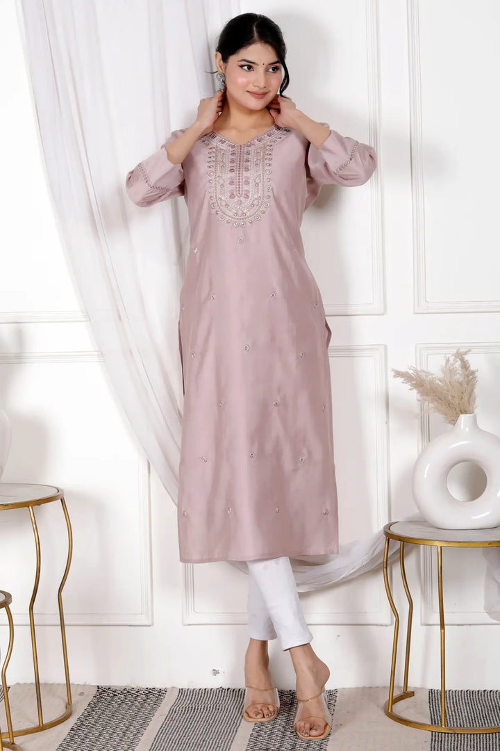 Embroidered V-Neck Straight Kurti