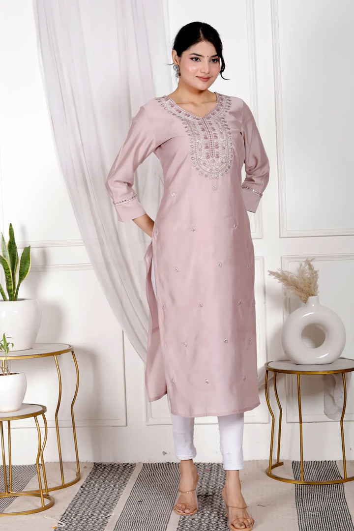 Embroidered V-Neck Straight Kurti