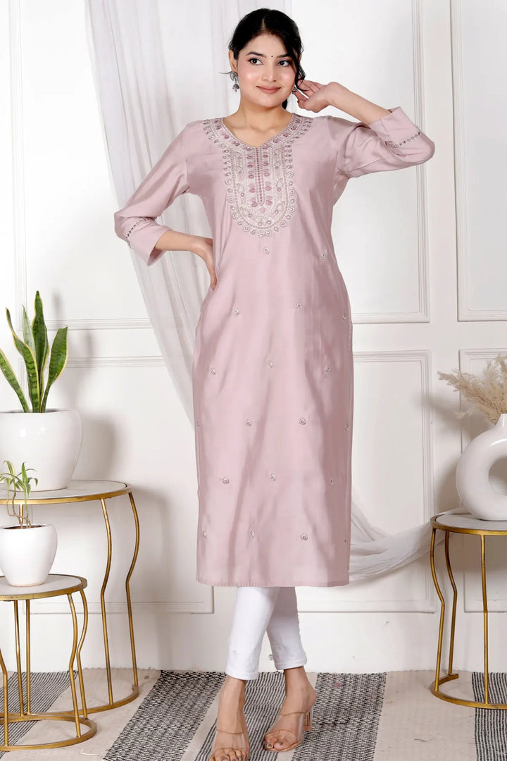 Embroidered V-Neck Straight Kurti