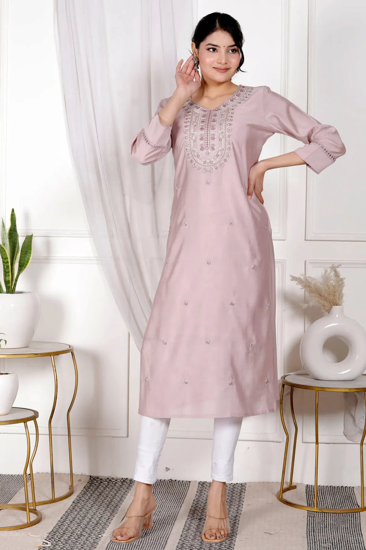 Embroidered V-Neck Straight Kurti