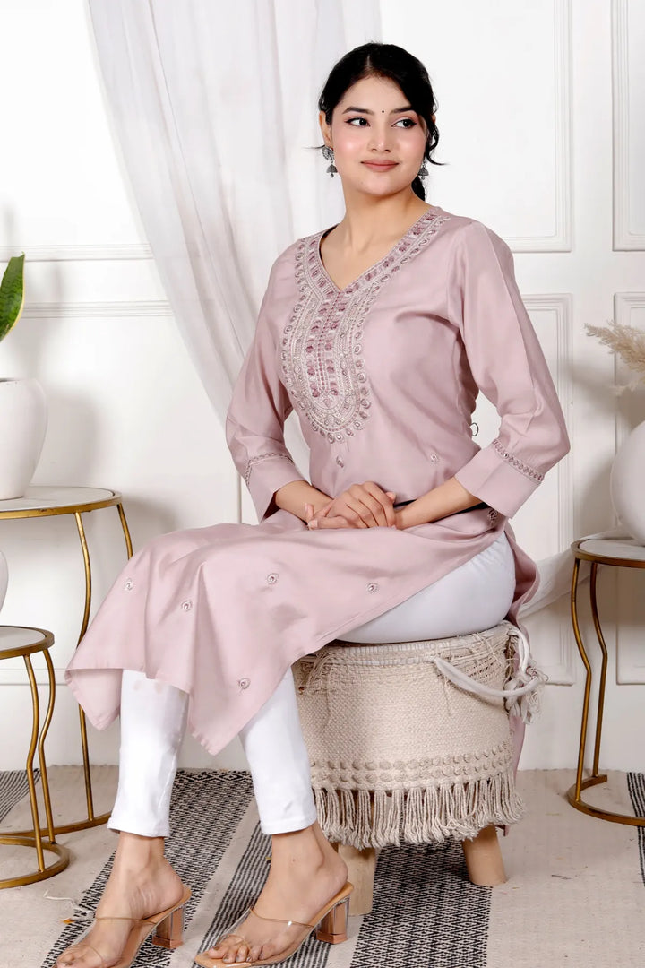 Embroidered V-Neck Straight Kurti