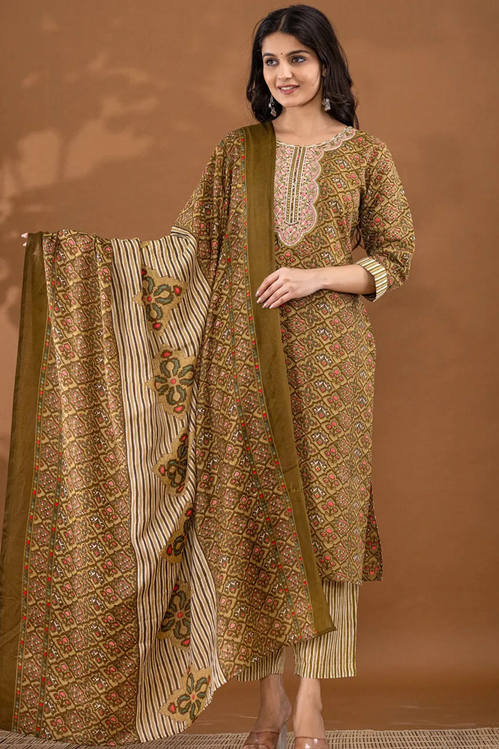 Motif Polycotton Printed & Embroidered Suit Set with Dupatta