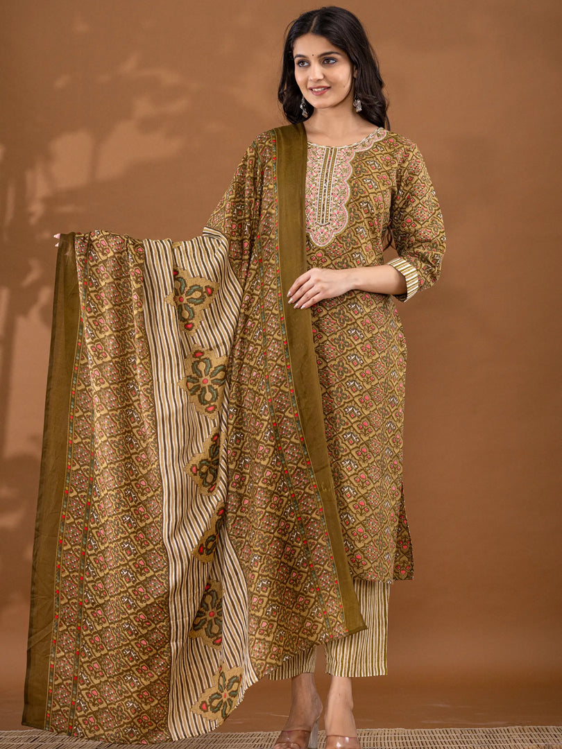 Motif Polycotton Printed & Embroidered Suit Set with Dupatta