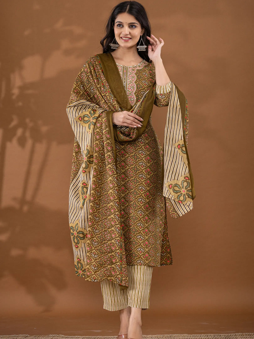 Motif Polycotton Printed & Embroidered Suit Set with Dupatta