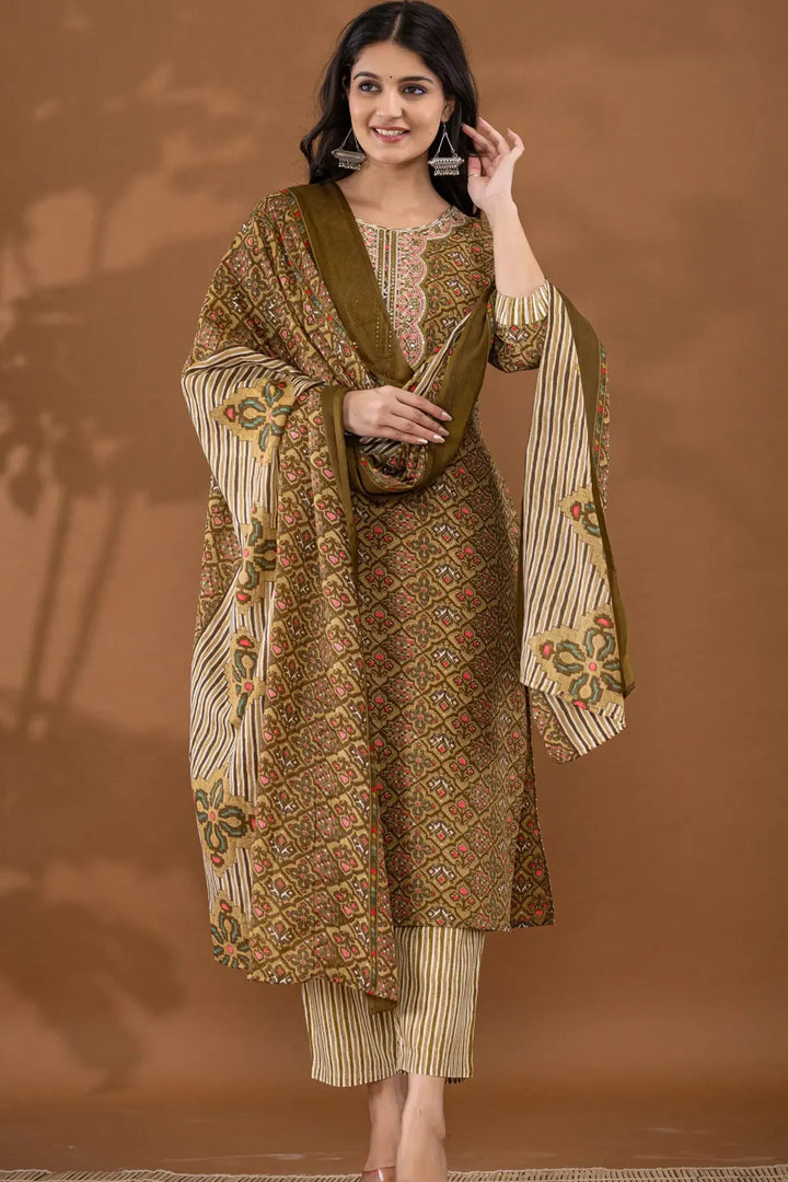 Motif Polycotton Printed & Embroidered Suit Set with Dupatta