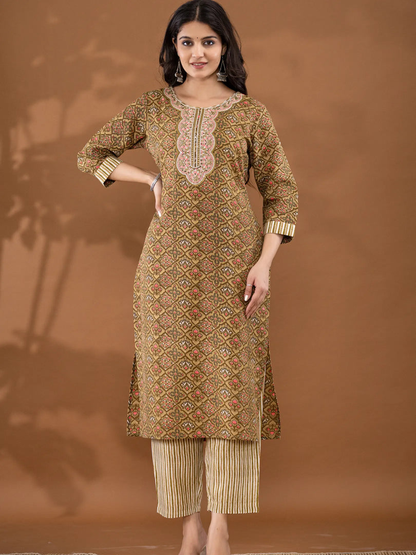 Motif Polycotton Printed & Embroidered Suit Set with Dupatta