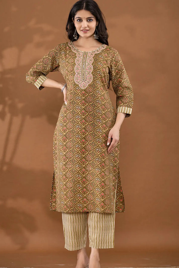 Motif Polycotton Printed & Embroidered Suit Set with Dupatta