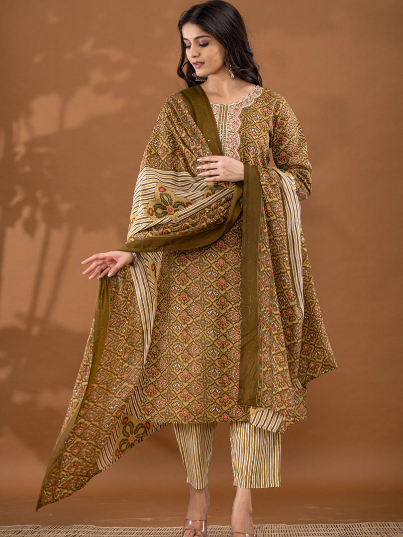 Motif Polycotton Printed & Embroidered Suit Set with Dupatta