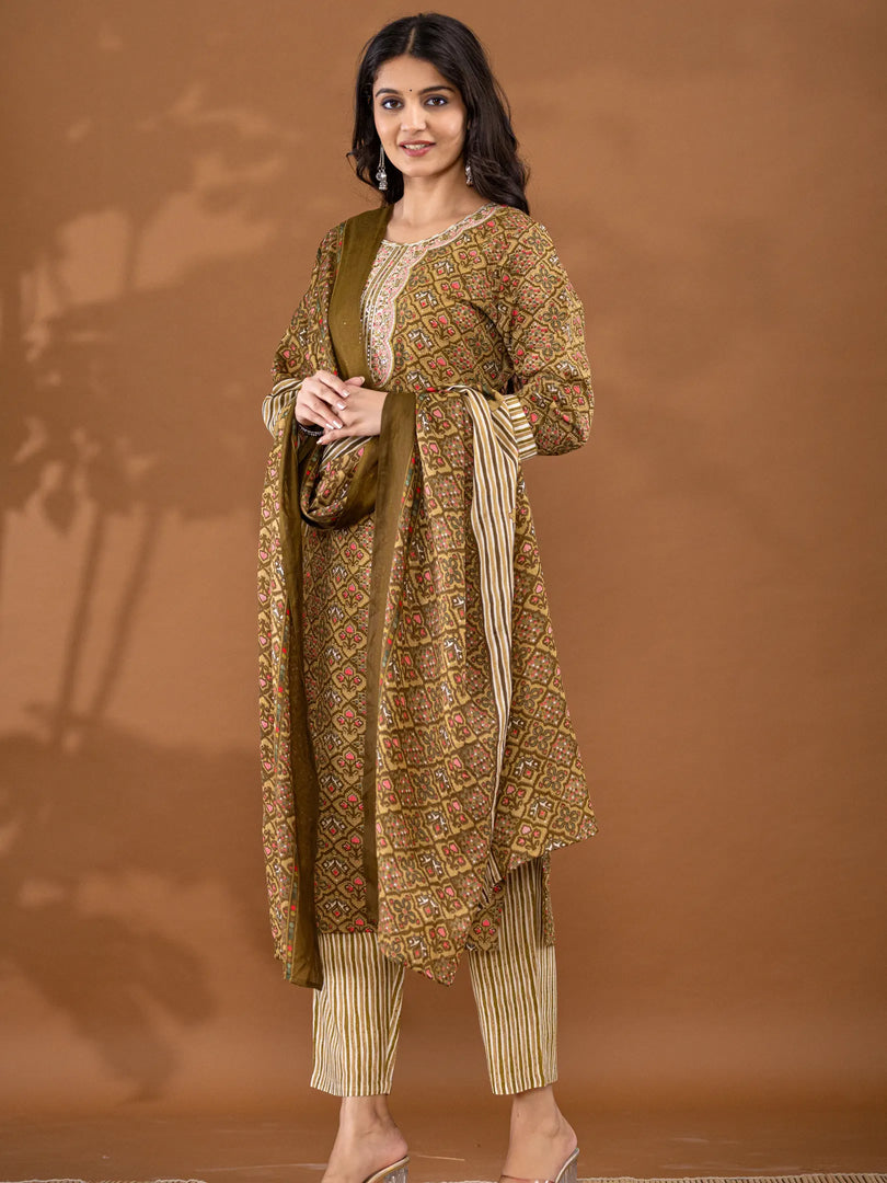 Motif Polycotton Printed & Embroidered Suit Set with Dupatta