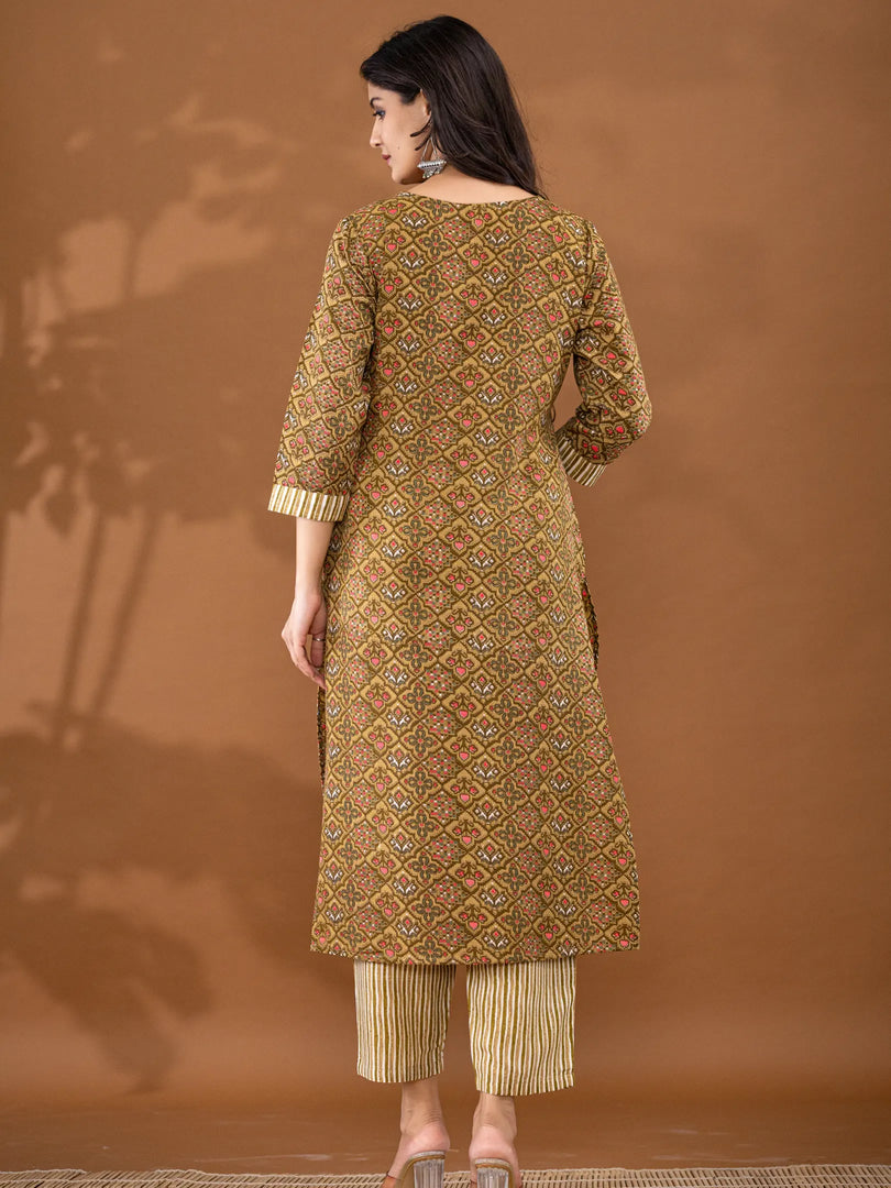 Motif Polycotton Printed & Embroidered Suit Set with Dupatta