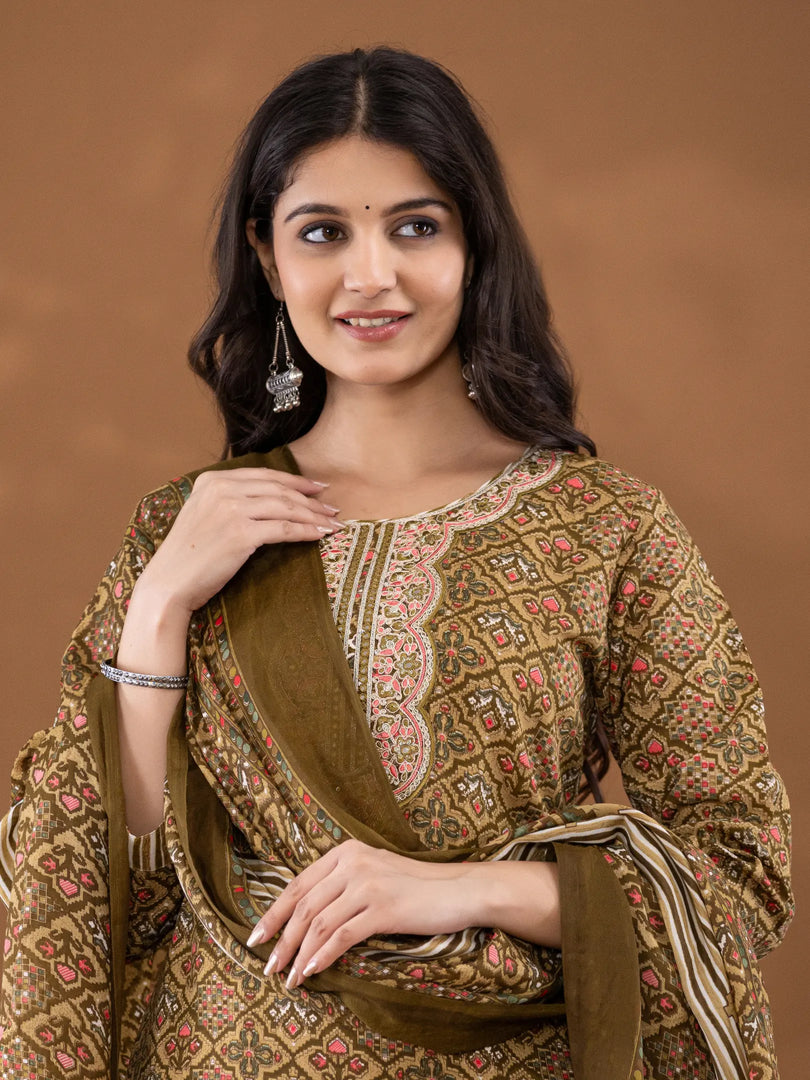 Motif Polycotton Printed & Embroidered Suit Set with Dupatta