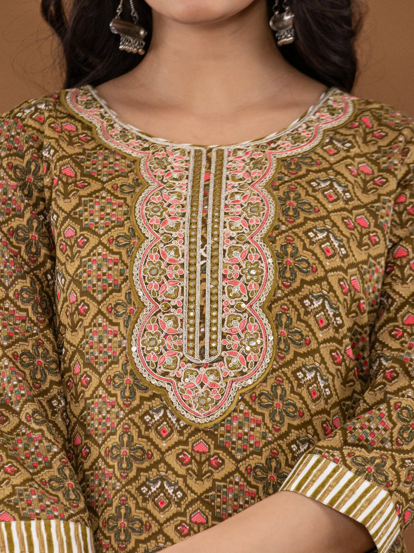 Motif Polycotton Printed & Embroidered Suit Set with Dupatta