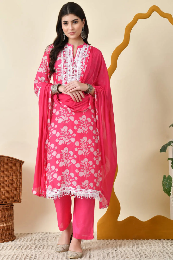 Maslin Lace Work Rosy Pink Suit Set