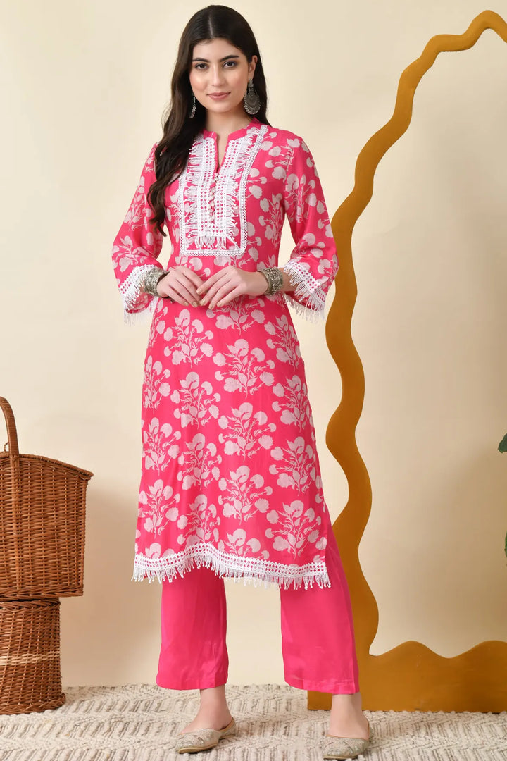 Maslin Lace Work Rosy Pink Suit Set
