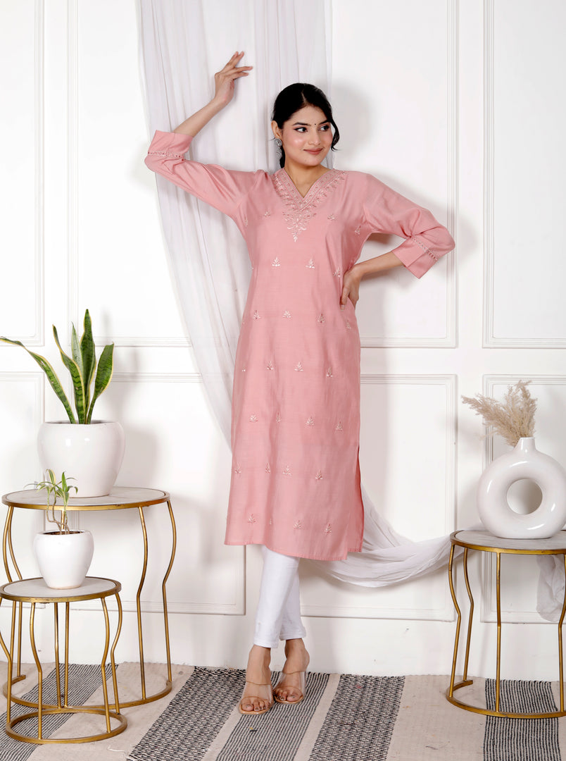 Girls Embroidered Cotton Rayon Straight Kurti