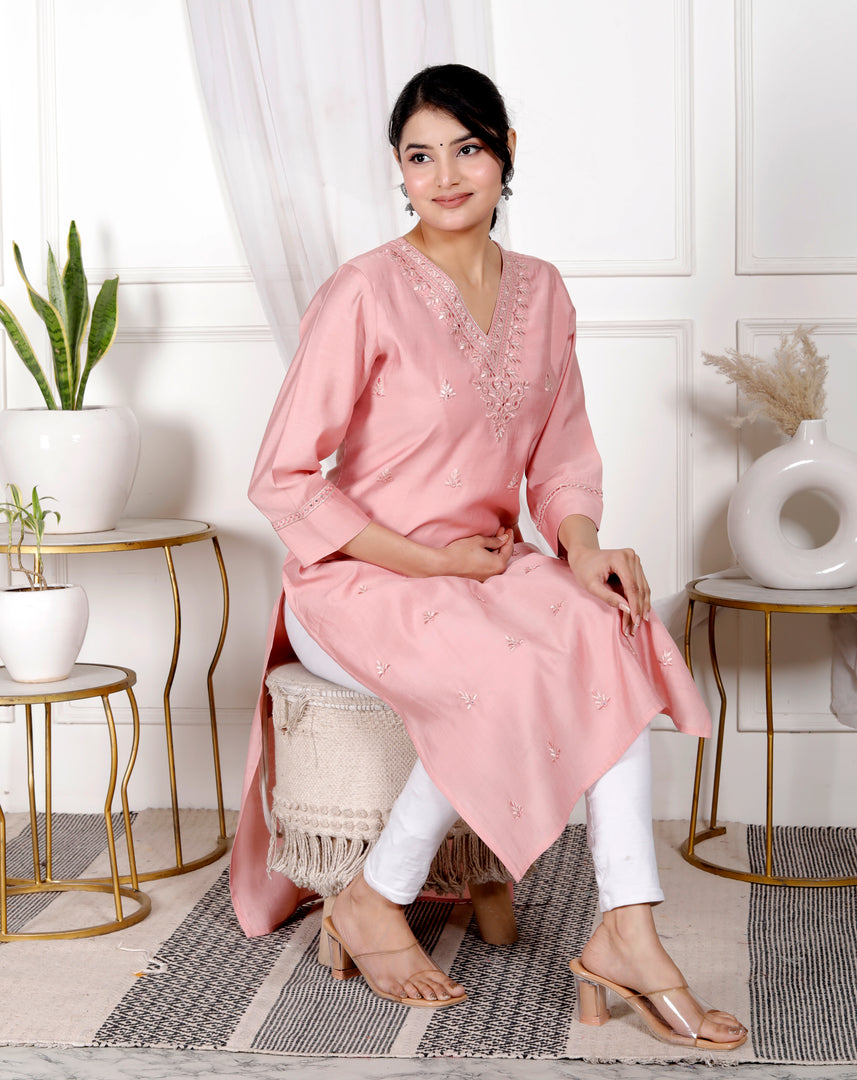 Girls Embroidered Cotton Rayon Straight Kurti
