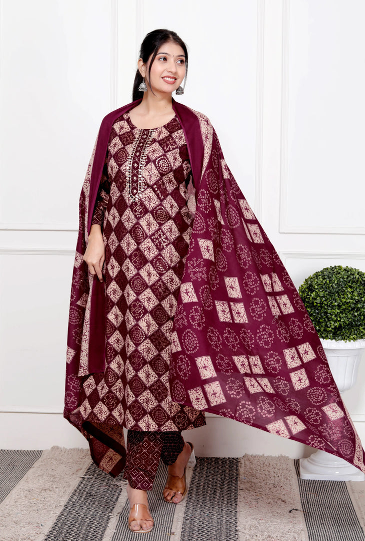Ethnic Bandhni Print Cotton Suit Set With Dupatta