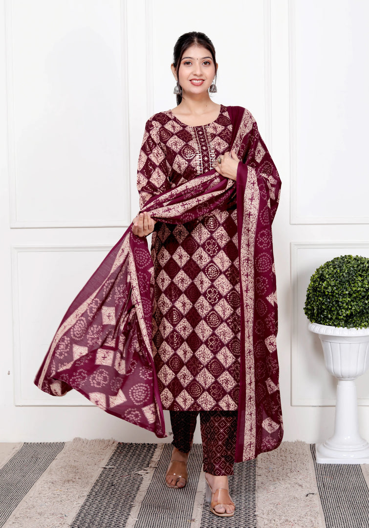 Ethnic Bandhni Print Cotton Suit Set With Dupatta