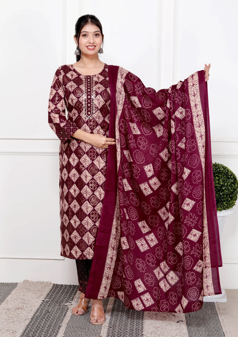 Ethnic Bandhni Print Cotton Suit Set With Dupatta
