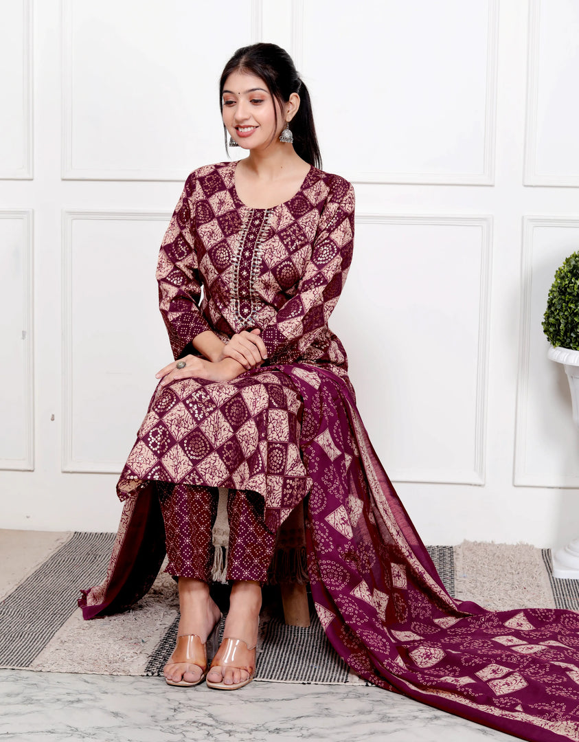 Ethnic Bandhni Print Cotton Suit Set With Dupatta
