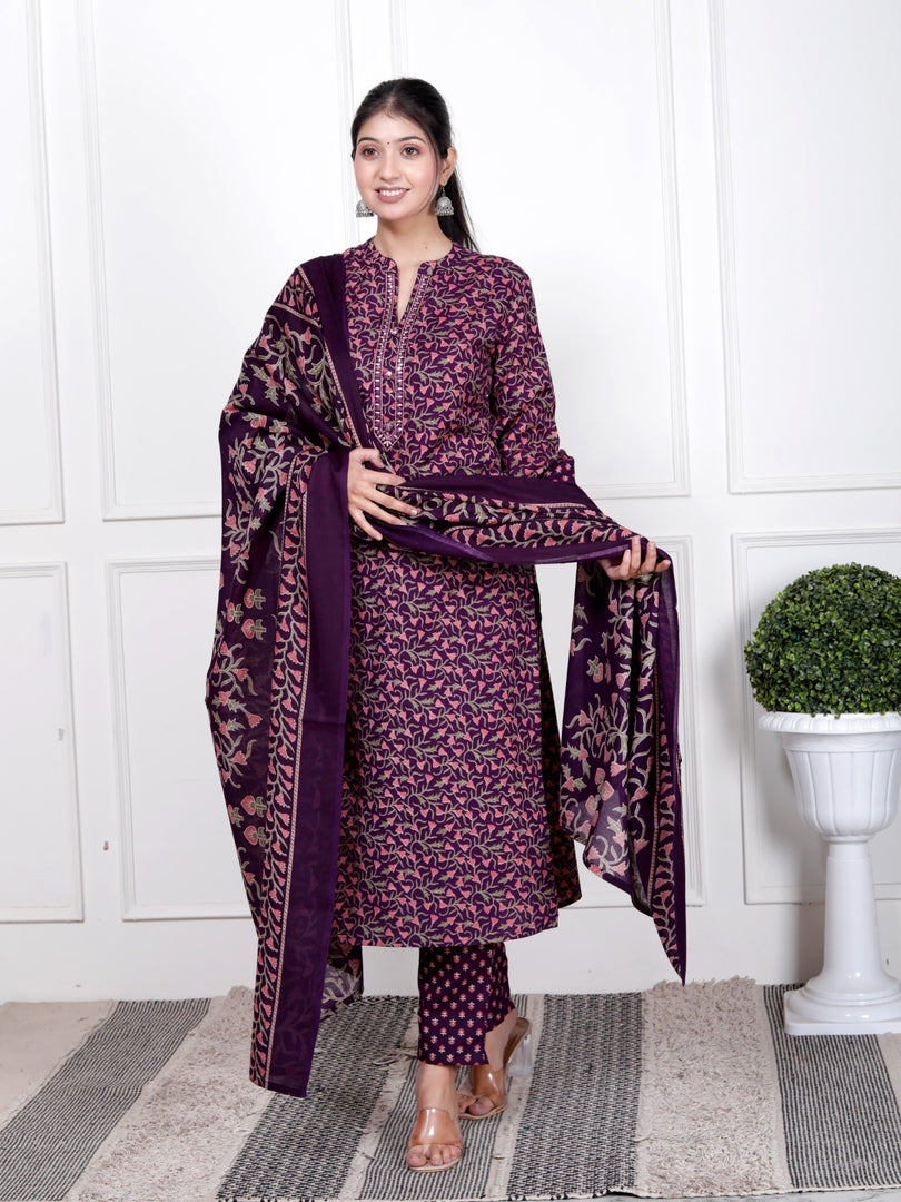 Ethnic Stitched Floral Printed Cotton Blend Suit Set with Dupatta