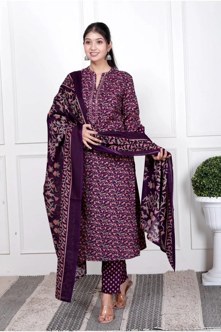 Ethnic Stitched Floral Printed Cotton Blend Suit Set with Dupatta