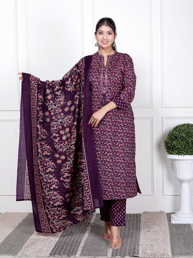 Ethnic Stitched Floral Printed Cotton Blend Suit Set with Dupatta