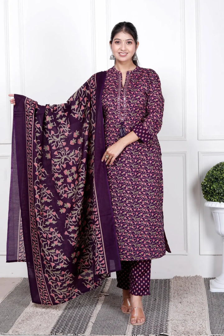 Ethnic Stitched Floral Printed Cotton Blend Suit Set with Dupatta