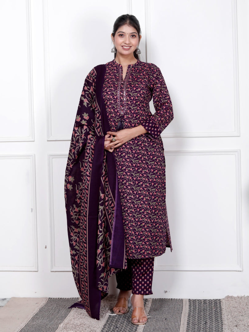 Ethnic Stitched Floral Printed Cotton Blend Suit Set with Dupatta