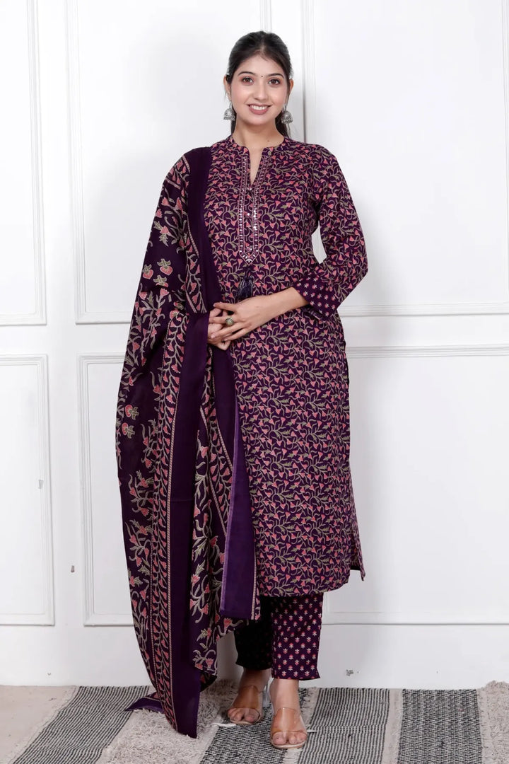 Ethnic Stitched Floral Printed Cotton Blend Suit Set with Dupatta
