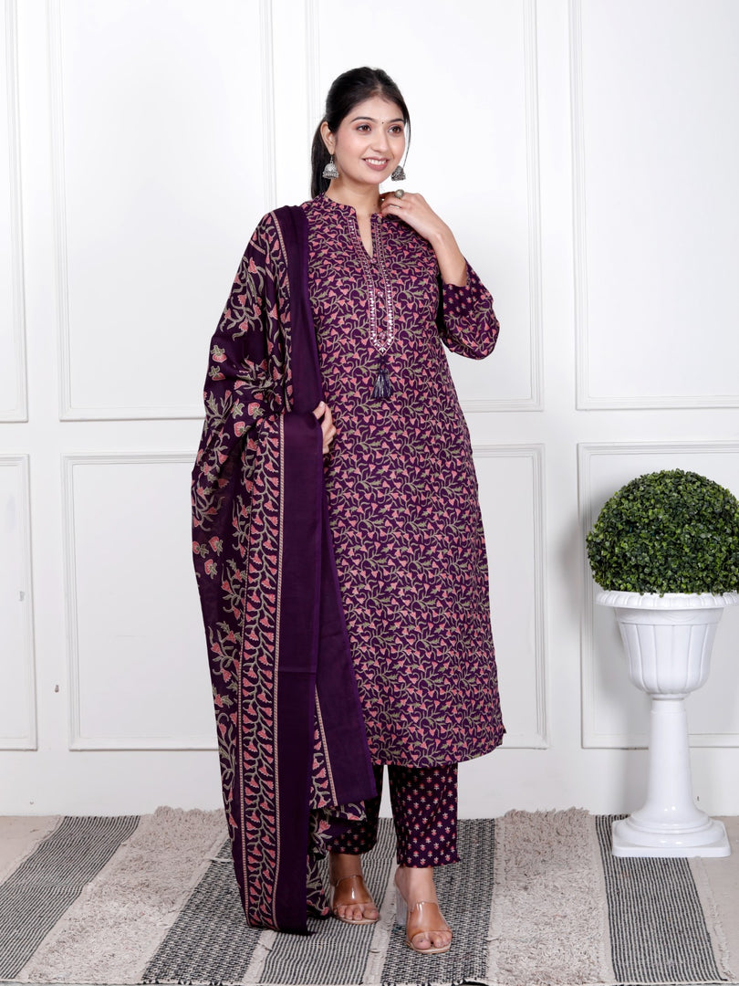 Ethnic Stitched Floral Printed Cotton Blend Suit Set with Dupatta