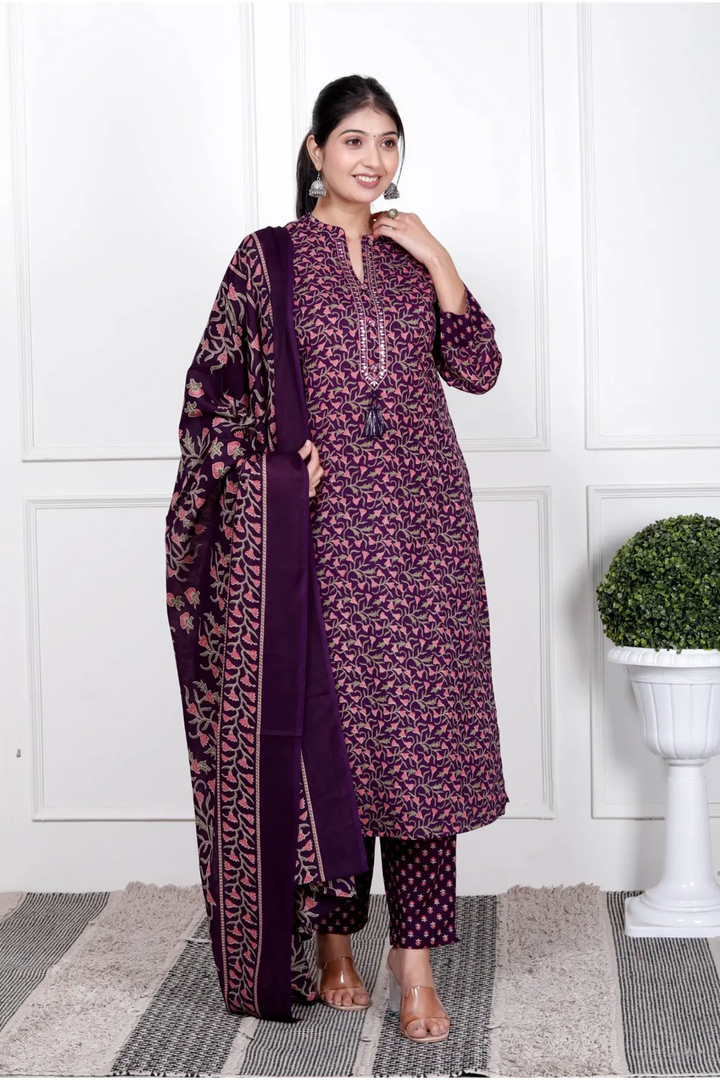 Ethnic Stitched Floral Printed Cotton Blend Suit Set with Dupatta