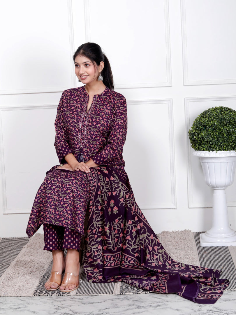 Ethnic Stitched Floral Printed Cotton Blend Suit Set with Dupatta