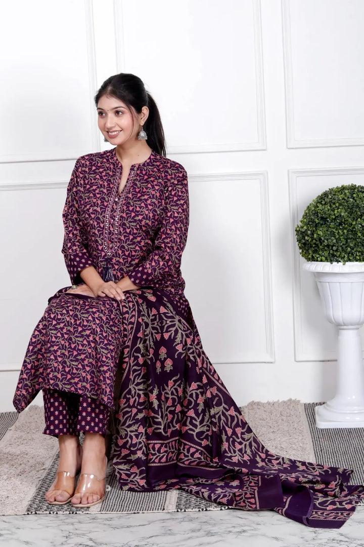 Ethnic Stitched Floral Printed Cotton Blend Suit Set with Dupatta