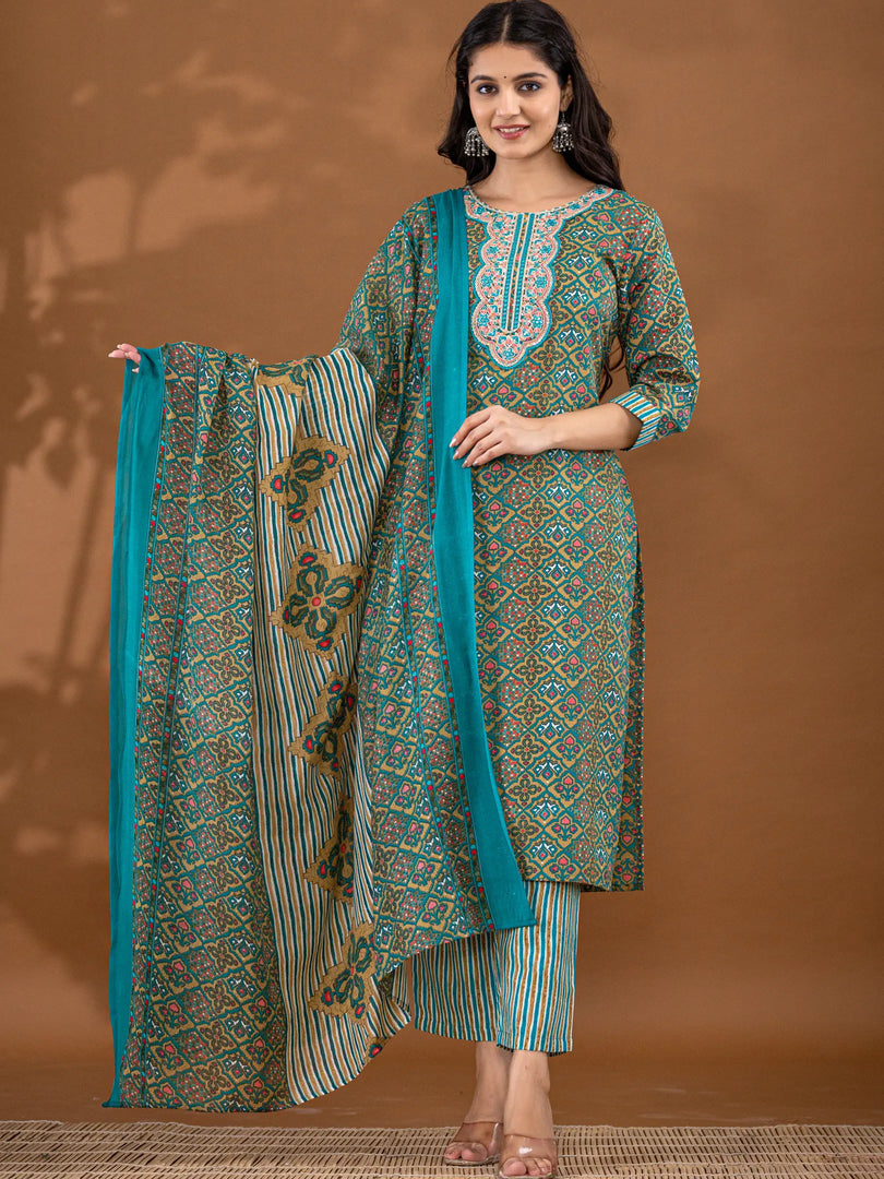 Motif Polycotton Printed & Embroidered Suit Set with Dupatta